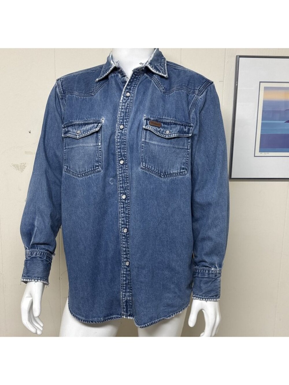Carhartt Western Denim Shirt Mens XL Blue Pearl Snap Faded Distressed Ranch Work